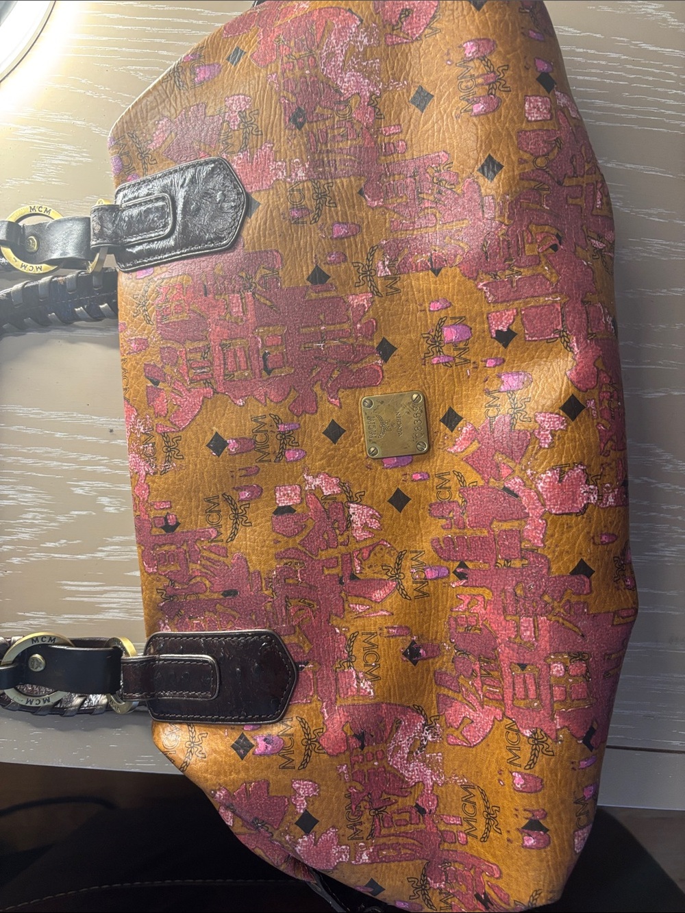 MCM Cognac Visetos Shoulder Bag with Pink Metallic Accents - Picture 9 of 12